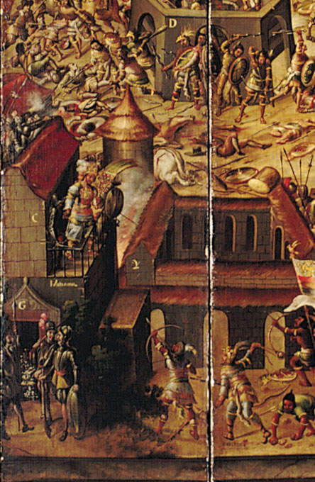 Folding screen portraying the conquest of Mexico and a view of Mexico City - Moctezuma