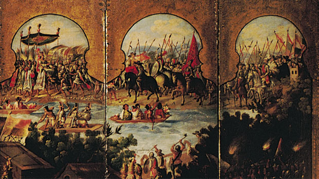 Folding screen portraying the conquest of Mexico and a view of Mexico City - Cortes